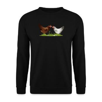 two free-running chickens on a green meadow - Unisex Sweatshirt - black - Front - Alina (178cm) & Michal (187cm)