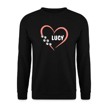 Heart with paw prints and name Lucy - Unisex Sweatshirt - black - Front - Alina (178cm) & Michal (187cm)
