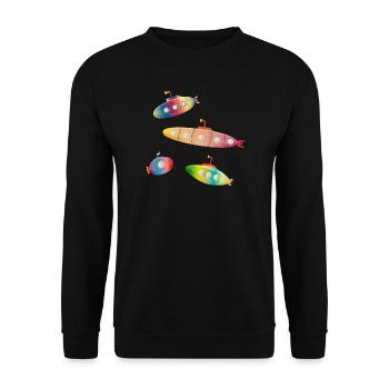 vier zauberhafte farbenfrohe U-Boote mit Bullaugen - Unisex Pullover - Schwarz - Vorne - Alina (178cm) & Michal (187cm)