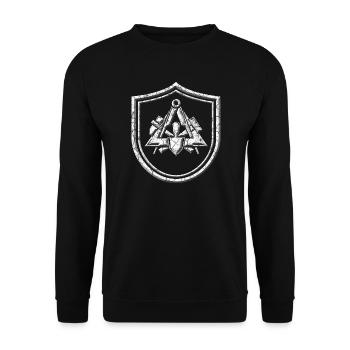 Maurer Zunftzeichen in Relief Steinoptik - Unisex Pullover - Schwarz - Vorne - Alina (178cm) & Michal (187cm)