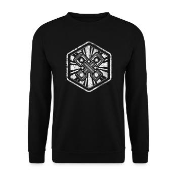Cooles Sechseck mit Kolben für stolze Schrauber - Unisex Pullover - Schwarz - Vorne - Alina (178cm) & Michal (187cm)