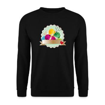 Balls of wool, button & knitting needles as a colorful patch - Unisex Sweatshirt - black - Front - Alina (178cm) & Michal (187cm)