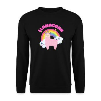 Skurriles rosa Lama mit Regenbogen - Unisex Pullover - Schwarz - Vorne - Alina (178cm) & Michal (187cm)
