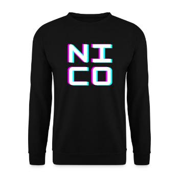 Nico Glitch Namensschild Typografie Shirt - Unisex Pullover - Schwarz - Vorne - Alina (178cm) & Michal (187cm)