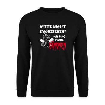 Bitte nicht exorzieren! Ich mag meine Dämonen - Unisex Pullover - Schwarz - Vorne - Alina (178cm) & Michal (187cm)