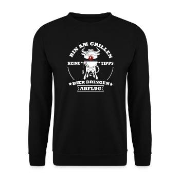 Grillkoch Spruch Logo Mit Kuh BBQ - Unisex Pullover - Schwarz - Vorne - Alina (178cm) & Michal (187cm)