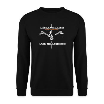 Witziges Motto mit Pfeifen und Waffe - Unisex Pullover - Schwarz - Vorne - Alina (178cm) & Michal (187cm)
