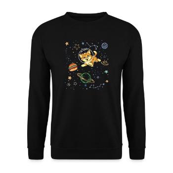Verspielte Katze im Weltraumabenteuer - Unisex Pullover - Schwarz - Vorne - Alina (178cm) & Michal (187cm)