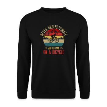 Alter Mann auf einem Fahrrad Retro-Fahrt - Unisex Pullover - Schwarz - Vorne - Alina (178cm) & Michal (187cm)