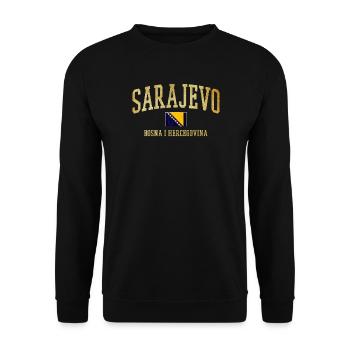 Sarajevo Goldschrift mit Bosnienfahne - Unisex Pullover - Schwarz - Vorne - Alina (178cm) & Michal (187cm)