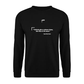 Zitat Schöne Zeit von Jean-Paul Sartre  - Unisex Pullover - Schwarz - Vorne - Alina (178cm) & Michal (187cm)