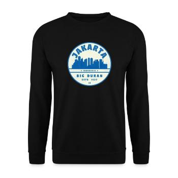 Jakarta Skyline Rundlogo Blau Weiß - Unisex Pullover - Schwarz - Vorne - Alina (178cm) & Michal (187cm)