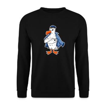 Muskelöse Seemöwe mit Anker Tattoo Möwe Geschenk - Unisex Pullover - Schwarz - Vorne - Alina (178cm) & Michal (187cm)
