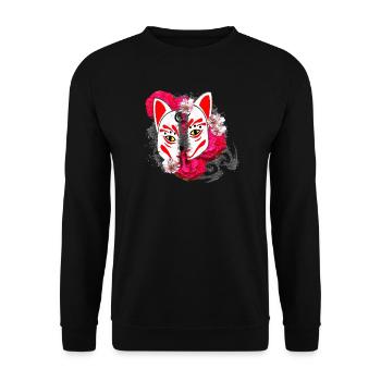 Blumenmuster japanisch, Kitsunemaske Hälften - Unisex Pullover - Schwarz - Vorne - Alina (178cm) & Michal (187cm)