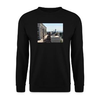 Möwenblick am Hafen Dachterrasse - Unisex Pullover - Schwarz - Vorne - Alina (178cm) & Michal (187cm)