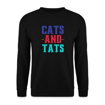 Katzen und Tattoos – Bunter Tippfehler - Unisex Pullover - Schwarz - Vorne - Alina (178cm) & Michal (187cm)