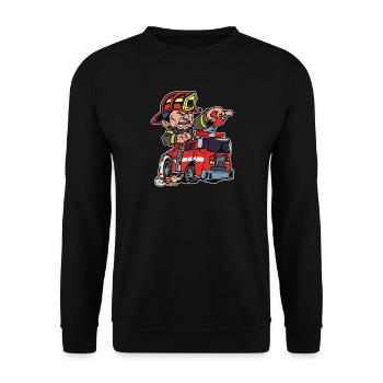 Feuerwehr Feuerwehrmann Lebensretter Feuerwehrauto - Unisex Pullover - Schwarz - Vorne - Alina (178cm) & Michal (187cm)