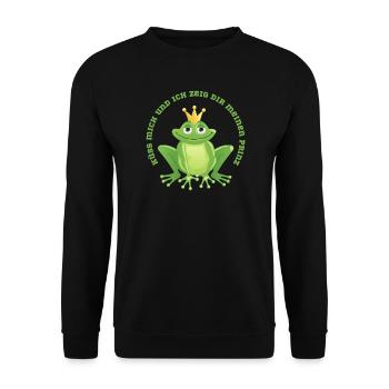 Küss mich Frosch und ich zeig dir den Prinz - Unisex Pullover - Schwarz - Vorne - Alina (178cm) & Michal (187cm)