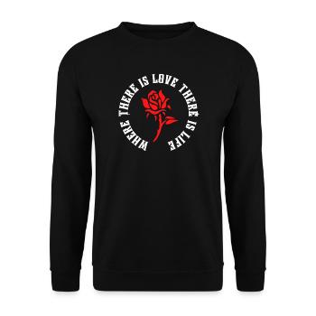Love is Life | Wahre Liebe ist Leben | Rote Rose - Unisex Pullover - Schwarz - Vorne - Alina (178cm) & Michal (187cm)