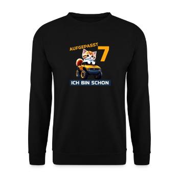 7. Geburtstag Katze auf Monstertruck 7 Jahre alt - Unisex Pullover - Schwarz - Vorne - Alina (178cm) & Michal (187cm)