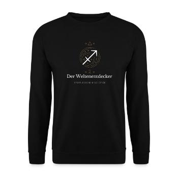 Der Weltenentdecker - Sternzeichen Schütze - Unisex Pullover - Schwarz - Vorne - Alina (178cm) & Michal (187cm)