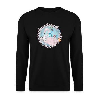 Flamingo mit Baby und Baby Utensilien in Blau - Unisex Pullover - Schwarz - Vorne - Alina (178cm) & Michal (187cm)