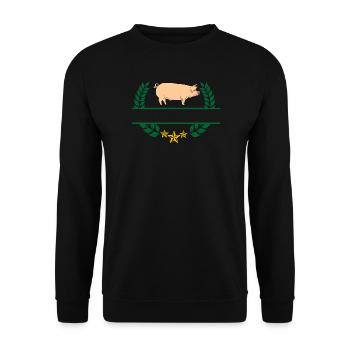 Schwein im grünen Lorbeerkranz - Unisex Pullover - Schwarz - Vorne - Alina (178cm) & Michal (187cm)