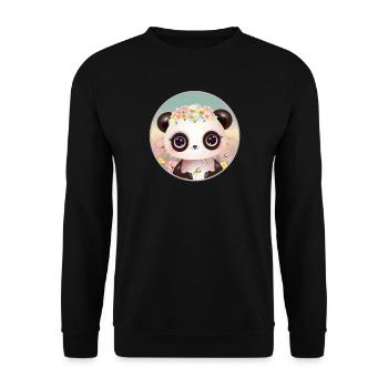 niedlicher Panda auf einer Blumenwiese im Frühling - Unisex Pullover - Schwarz - Vorne - Alina (178cm) & Michal (187cm)