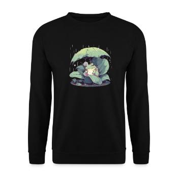 Frosch unter dem Schirm zwischen den Blättern - Unisex Pullover - Schwarz - Vorne - Alina (178cm) & Michal (187cm)