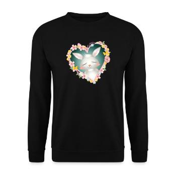 niedlicher weißer Hase träumt im Blüten Herz - Unisex Pullover - Schwarz - Vorne - Alina (178cm) & Michal (187cm)
