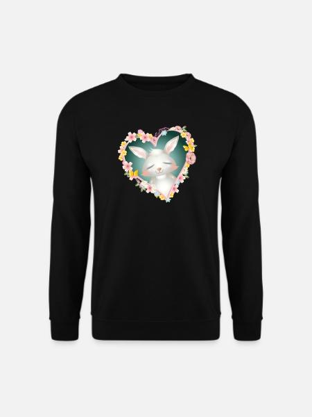 niedlicher weißer Hase träumt im Blüten Herz - Unisex Pullover - Schwarz