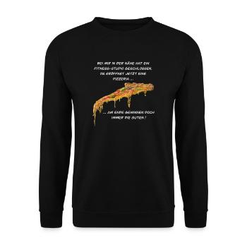 Fitness Studio oder Pizzeria - Pizza gewinnt immer - Unisex Pullover - Schwarz - Vorne - Alina (178cm) & Michal (187cm)
