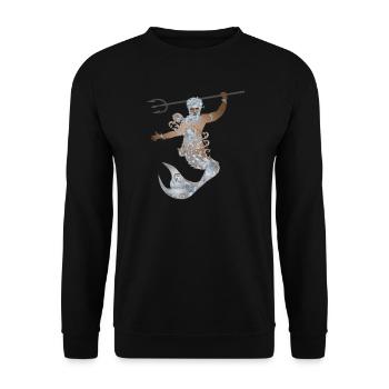 geheimnisvoller Wassermann mit Dreizack und Flosse - Unisex Pullover - Schwarz - Vorne - Alina (178cm) & Michal (187cm)