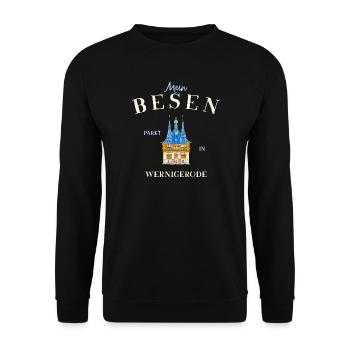 Mein Besen parkt in Wernigerode - Unisex Pullover - Schwarz - Vorne - Alina (178cm) & Michal (187cm)