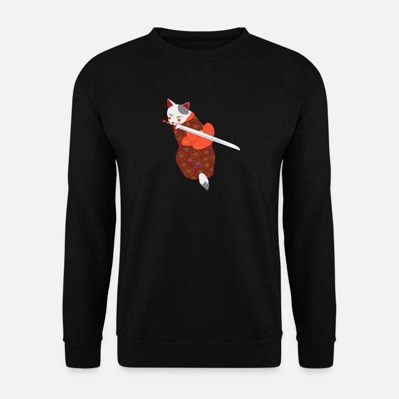 Katze im Kimono beißendes Schwert - Unisex Pullover - Schwarz