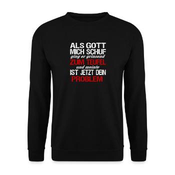 Als Gott mich schuf | Ironisches Gottes Design - Unisex Pullover - Schwarz - Vorne - Alina (178cm) & Michal (187cm)