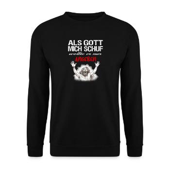 Als Gott mich schuf | Ironisches Gottes Design - Unisex Pullover - Schwarz - Vorne - Alina (178cm) & Michal (187cm)