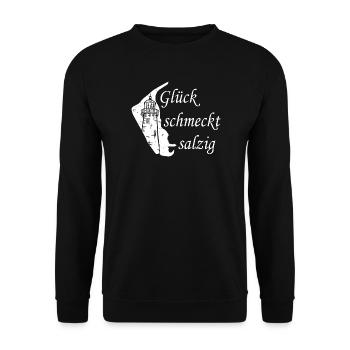 Glück schmeckt salzig – Amrum Nordsee Insel Design - Unisex Pullover - Schwarz - Vorne - Alina (178cm) & Michal (187cm)