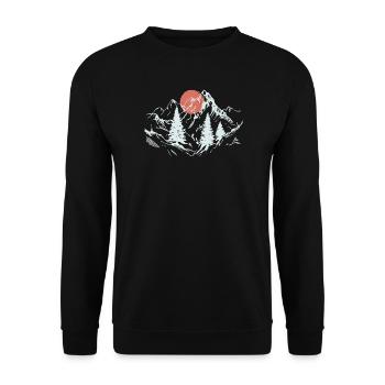 Purpurrote Sonne über den Alpenkiefern - Unisex Pullover - Schwarz - Vorne - Alina (178cm) & Michal (187cm)