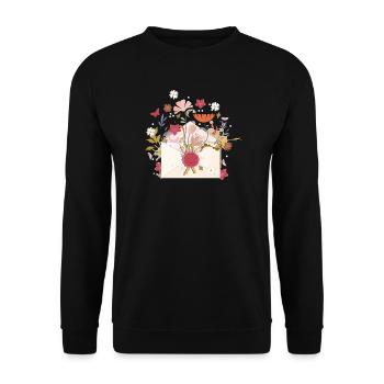 floraler Briefumschlag mit Blüten und Siegel - Unisex Pullover - Schwarz - Vorne - Alina (178cm) & Michal (187cm)