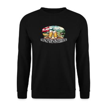 Klingendes Österreich Bier Berge Statement Spruch - Unisex Pullover - Schwarz - Vorne - Alina (178cm) & Michal (187cm)