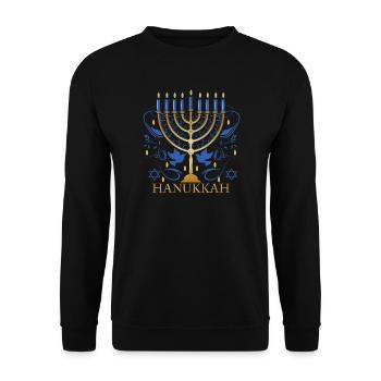 goldfarbener Hanukkah Leuchter mit zwei Tauben - Unisex Pullover - Schwarz - Vorne - Alina (178cm) & Michal (187cm)