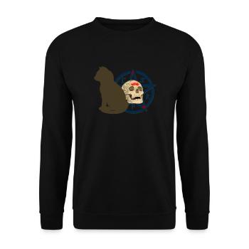 Pentagram muster, Katzen design, Menschenschädel - Unisex Pullover - Schwarz - Vorne - Alina (178cm) & Michal (187cm)