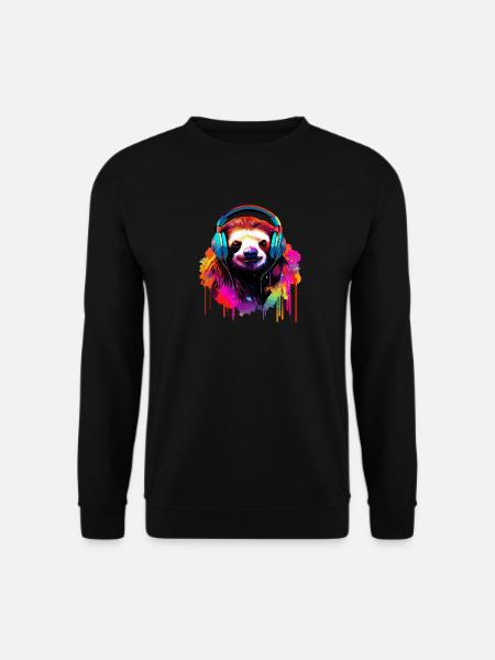Faultier mit Kopfhörer Musik Faul Müde Faultiere - Unisex Pullover - Schwarz