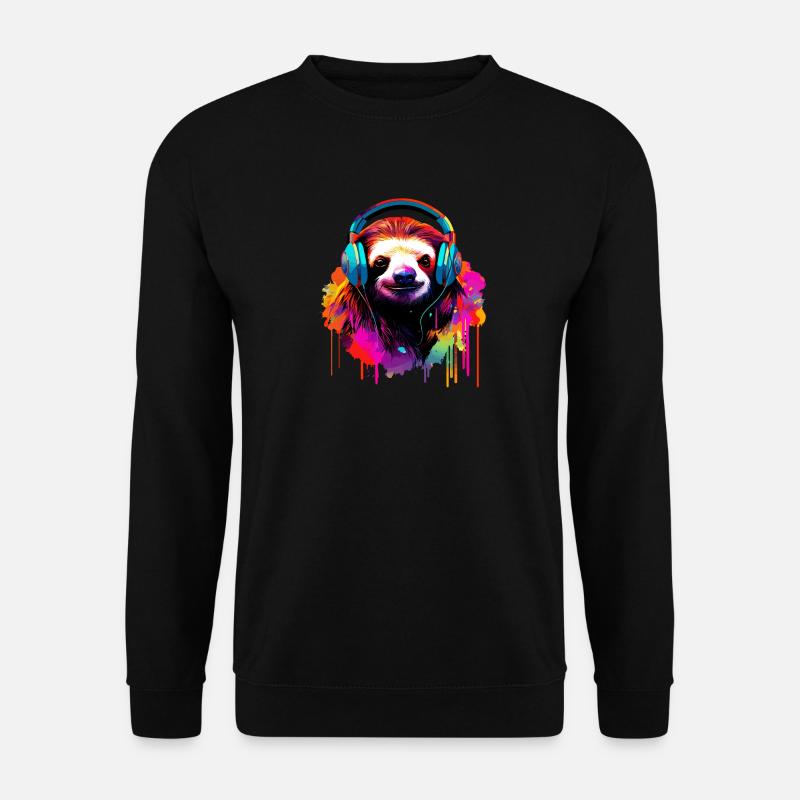 Faultier mit Kopfhörer Musik Faul Müde Faultiere - Unisex Pullover - Schwarz