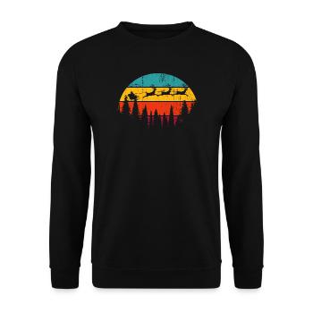 Sonnenuntergangswölfe über Kiefern - Unisex Pullover - Schwarz - Vorne - Alina (178cm) & Michal (187cm)
