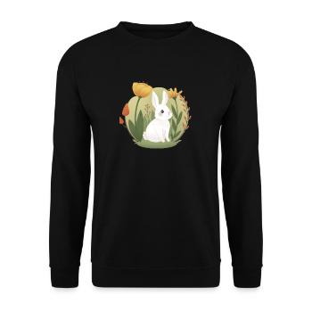 Garten-Hase mit Tulpe und anderen Blumen - Unisex Pullover - Schwarz - Vorne - Alina (178cm) & Michal (187cm)