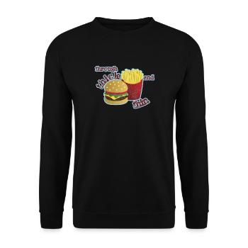 Burger mit Pommes - Unisex Pullover - Schwarz - Vorne - Alina (178cm) & Michal (187cm)