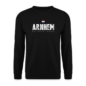 Arnhem Netherlands Distressed Text Logo - Unisex Sweatshirt - black - Front - Alina (178cm) & Michal (187cm)