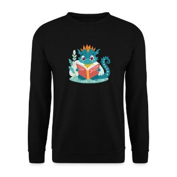 Kleiner Drache mit Buch - Unisex Pullover - Schwarz - Vorne - Alina (178cm) & Michal (187cm)
